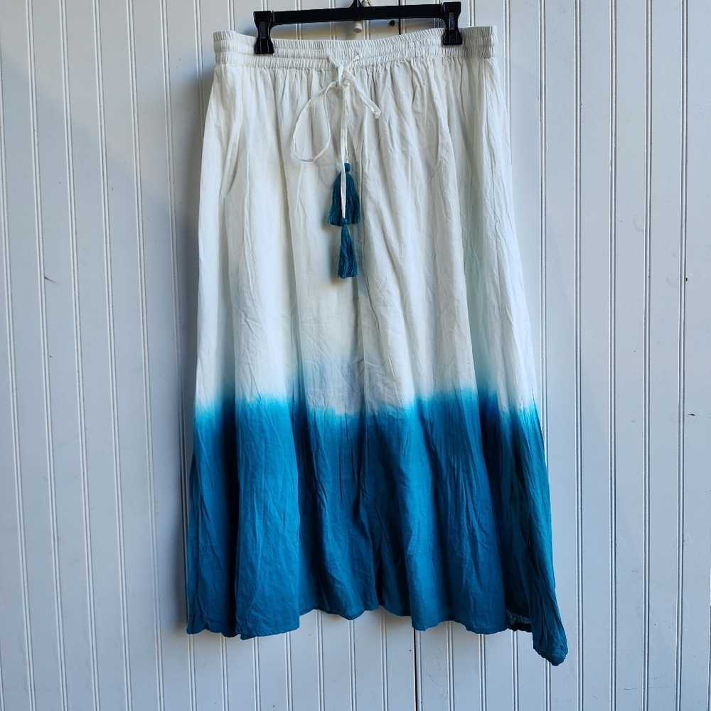 Collections Etc Blue White Boho Gauzy Ombree Skirt Long Maxi Linen Cotton XL